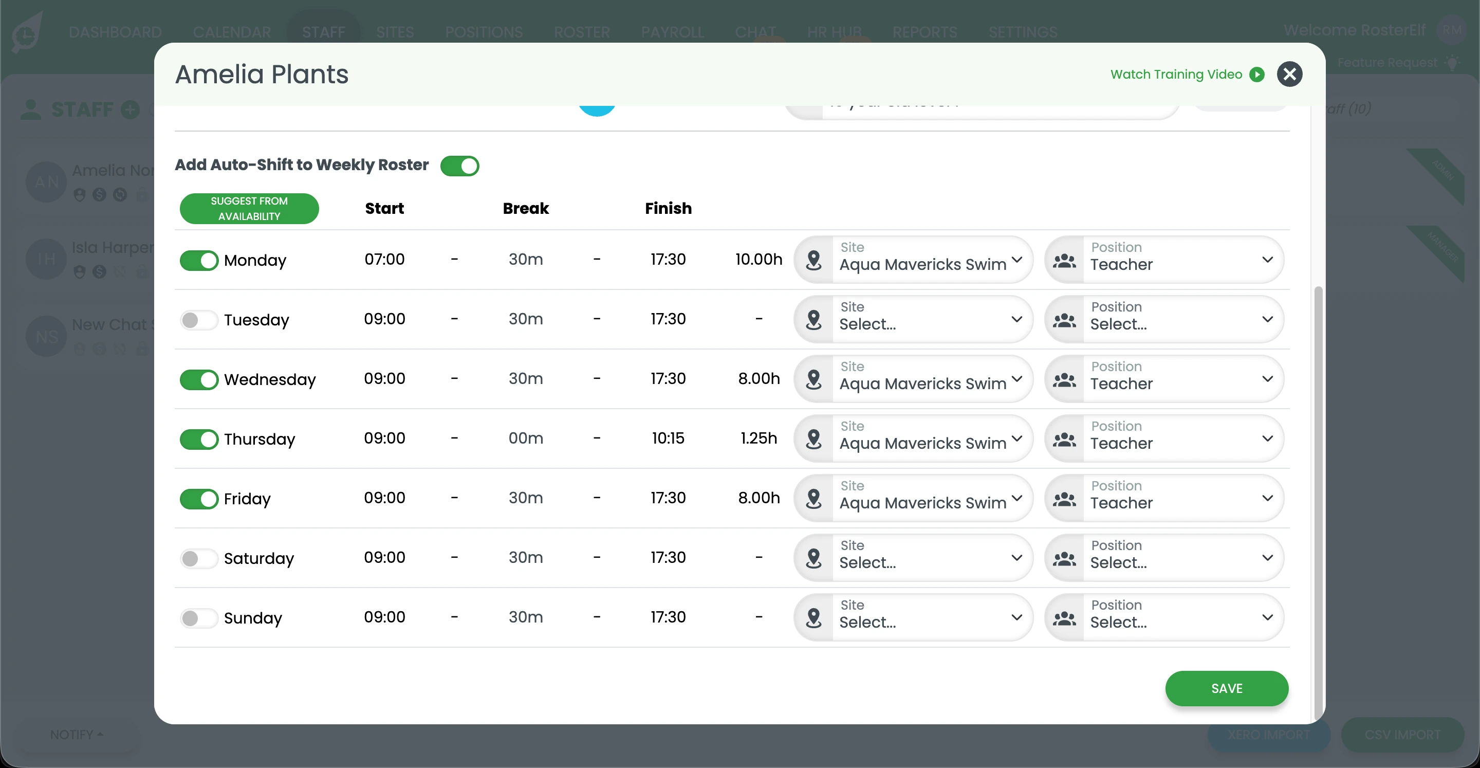 RosterElf payroll settings showing recurring hours fields with save button