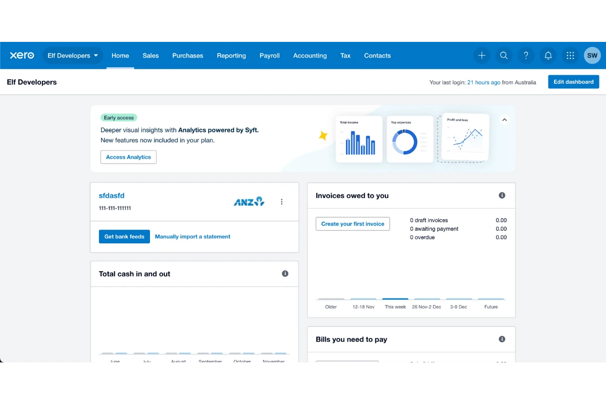 Xero home dashboard