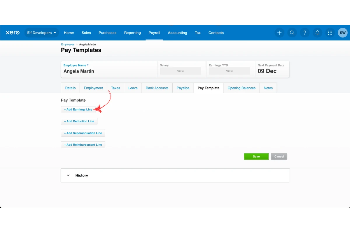 Xero pay template with the Add Earnings line button