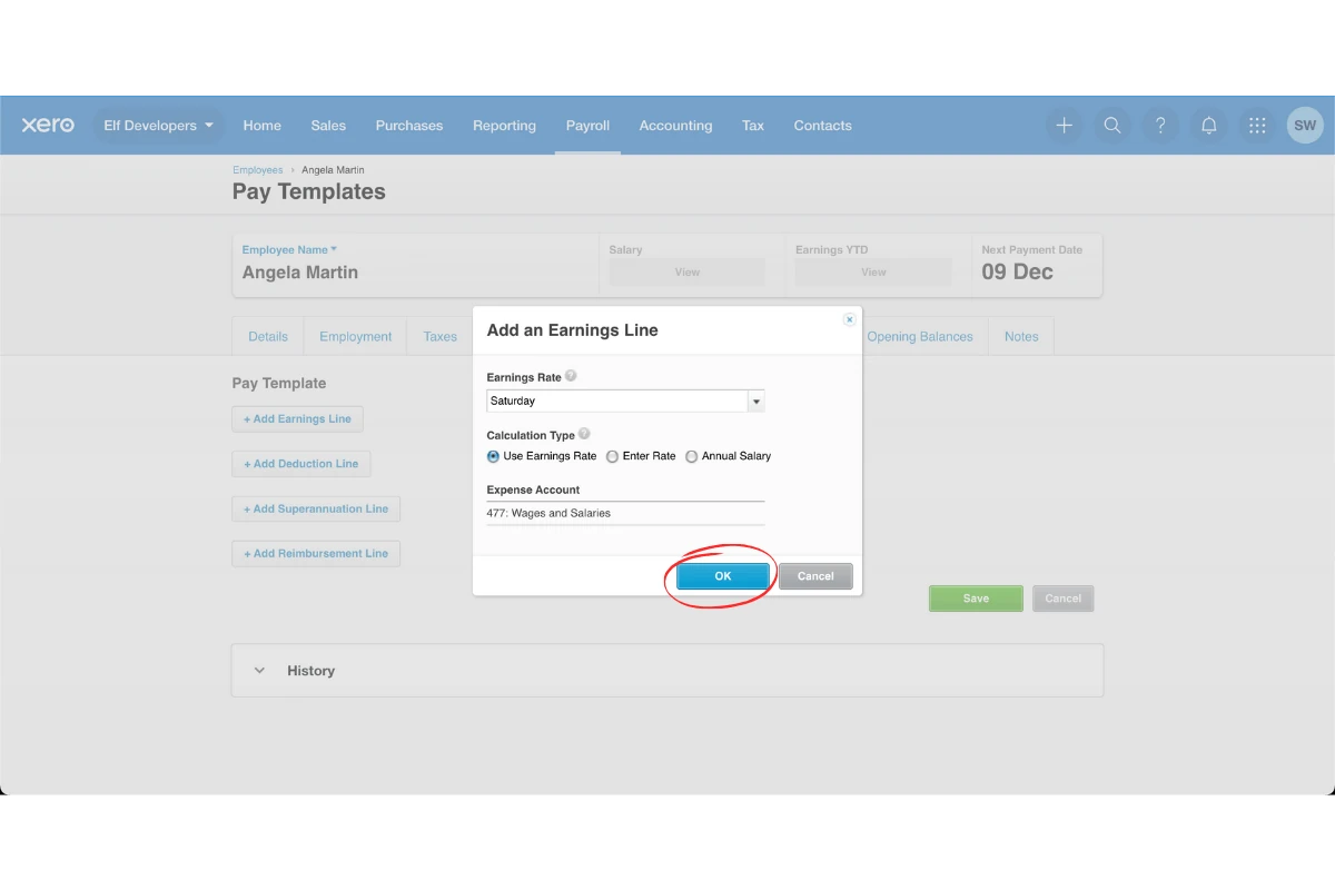Xero earnings line dialog with the Ok button