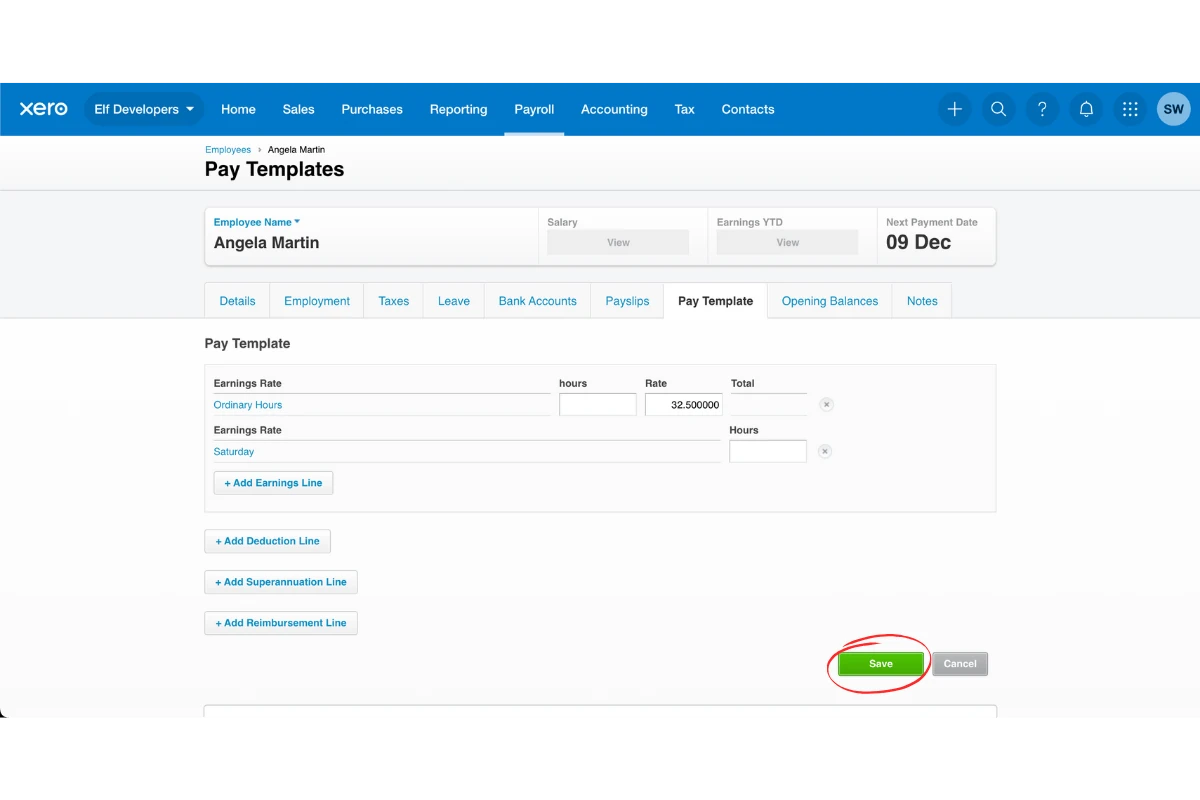 Xero pay template with the Save button