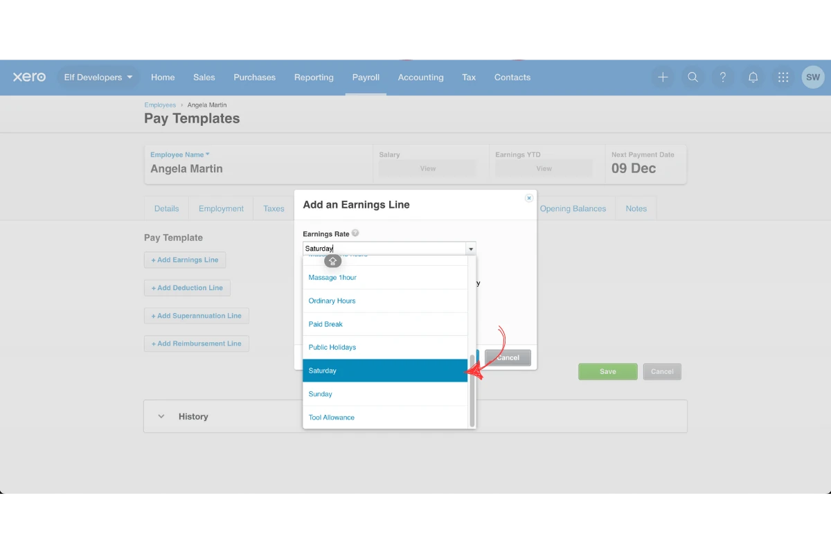 Xero earnings line selector for the pay template