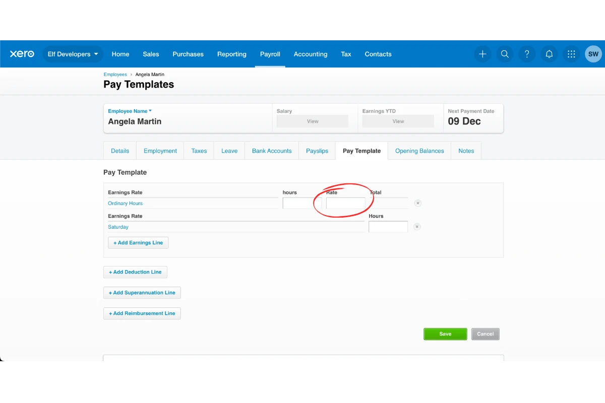 Xero pay template earnings line with the staff pay rate entered