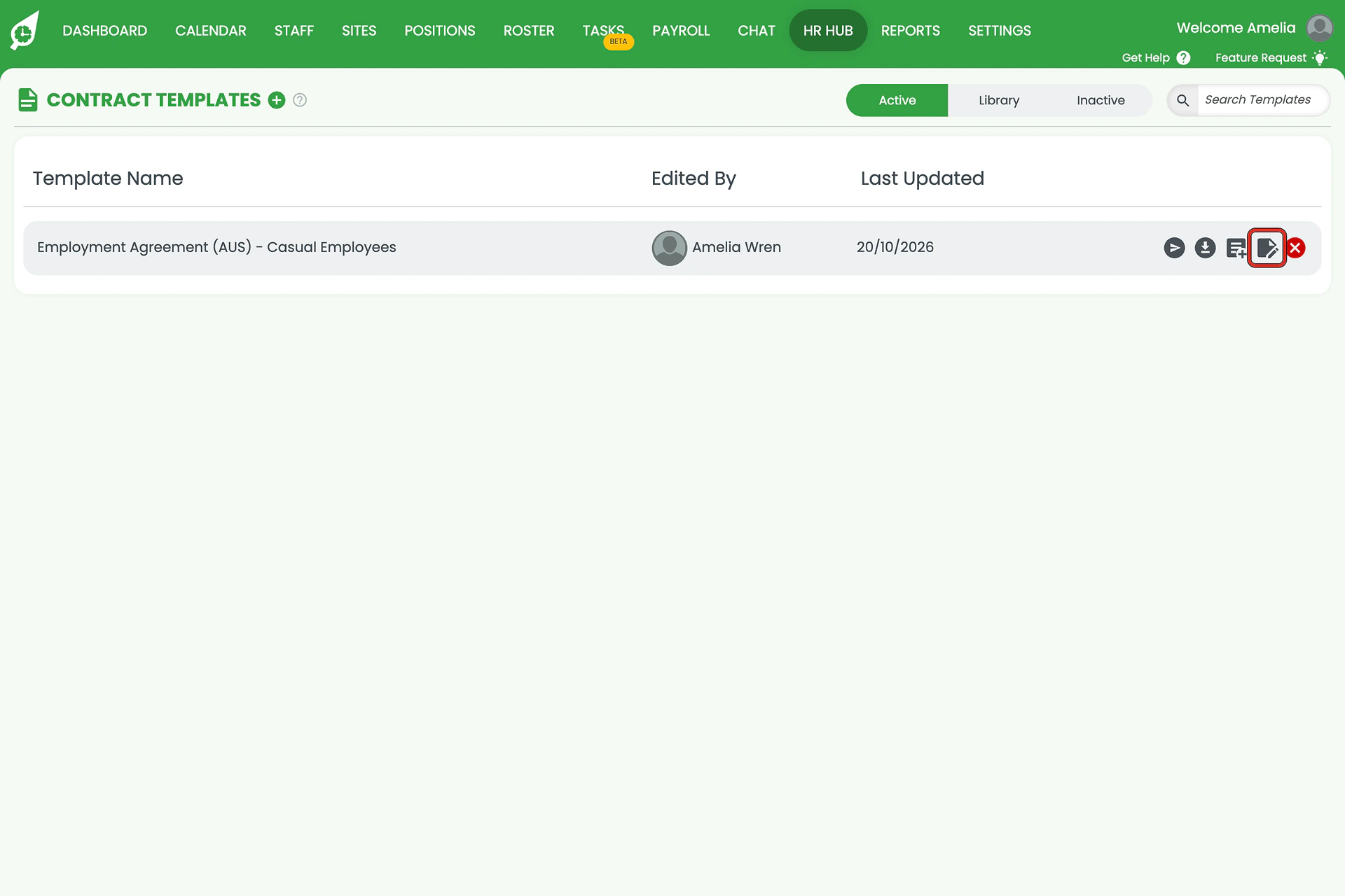 Contract Templates list on the Active tab, with the Edit icon outlined beside the casual employment template