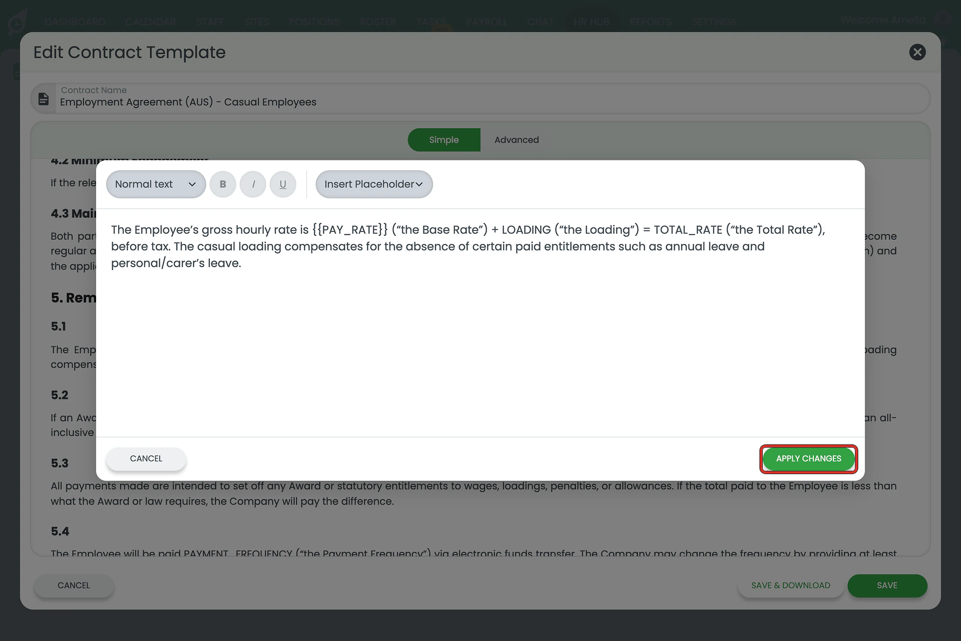 Paragraph editor showing {{PAY_RATE}} typed into the pay clause, with APPLY CHANGES outlined