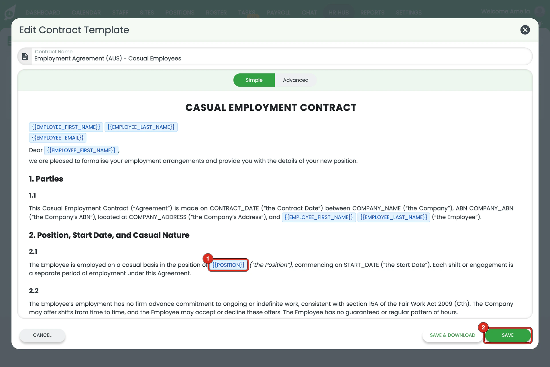 Simple view showing {{POSITION}} as a blue tag in clause 2.1, with SAVE outlined