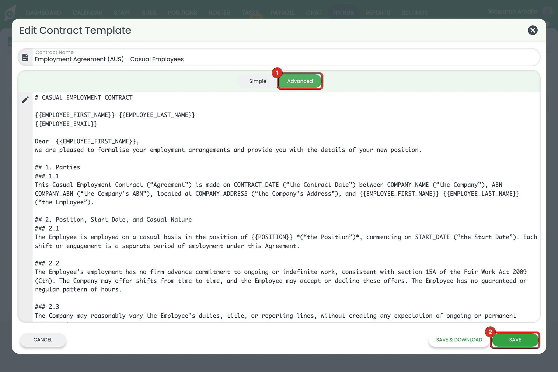 Advanced view of the contract text showing {{POSITION}} in clause 2.1, with the Advanced tab and SAVE outlined