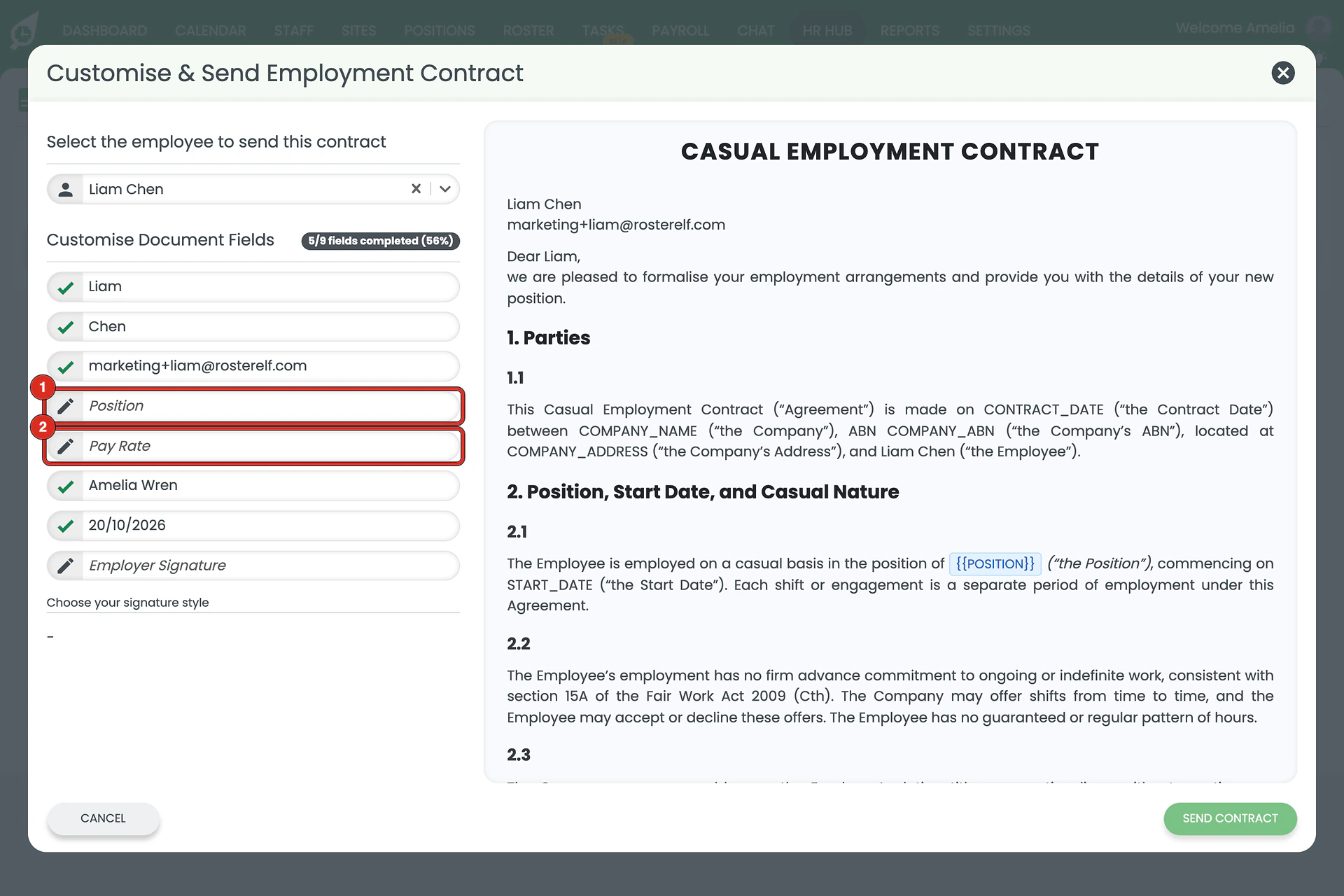 Customise & Send Employment Contract window for Liam Chen, with the blank Position and Pay Rate fields outlined