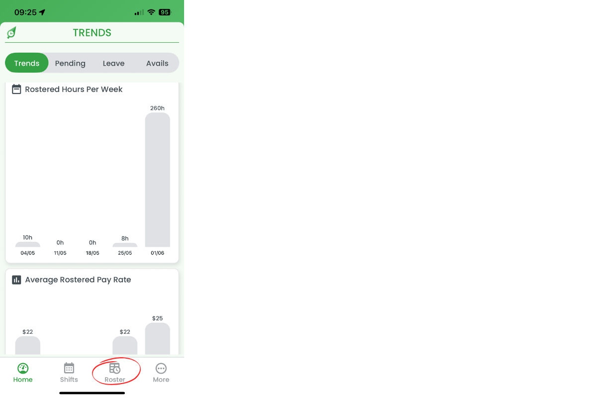 Roster menu button at bottom of screen