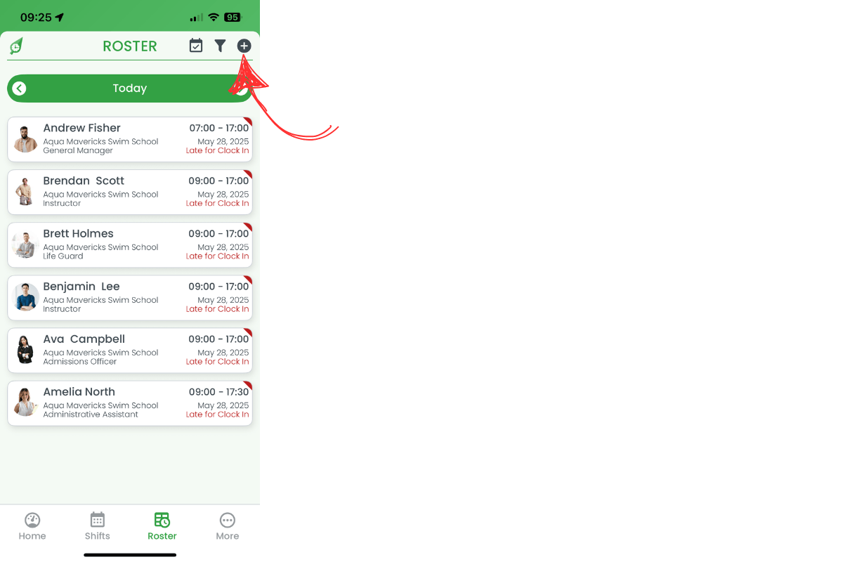 Plus button in top-right corner to add shift