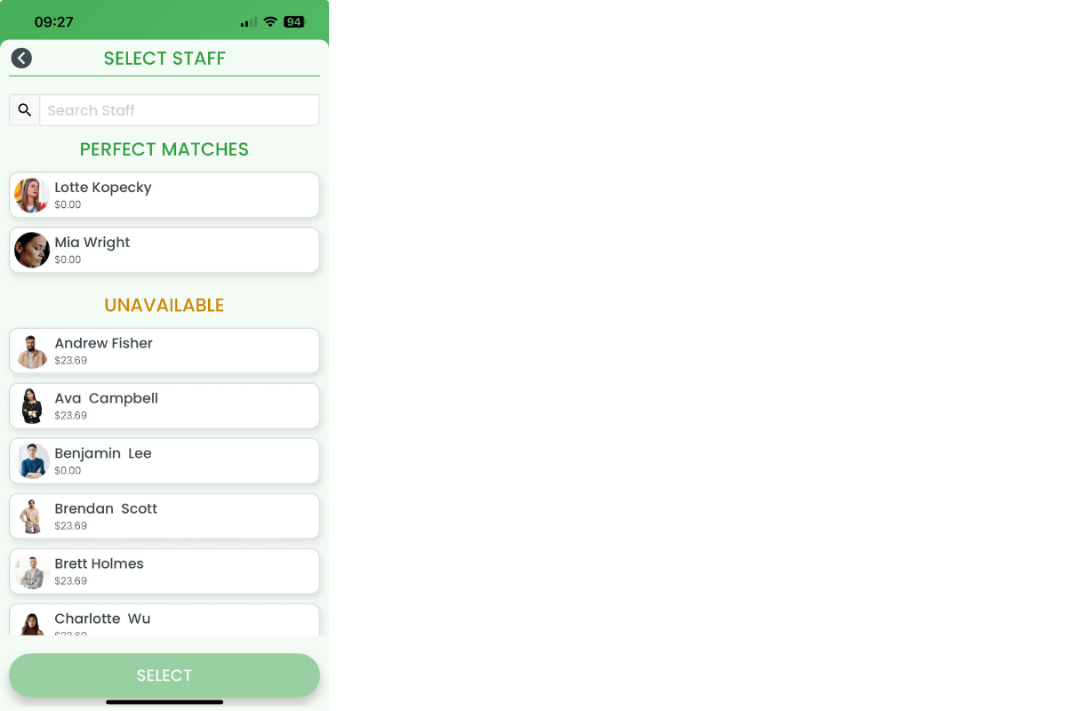 Staff selection screen showing perfect matches