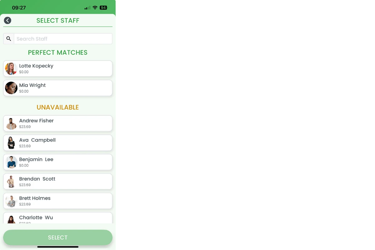 Staff selection screen showing perfect matches