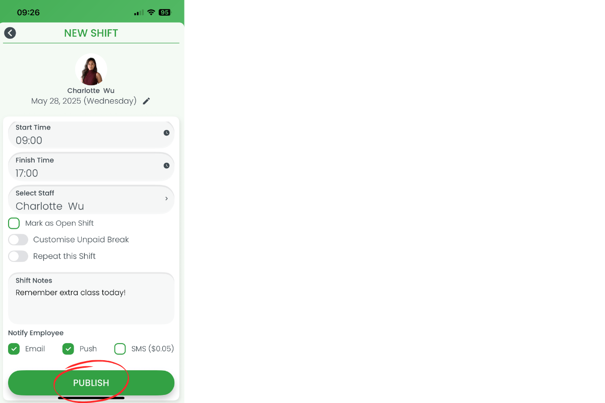 Publish button at bottom of screen