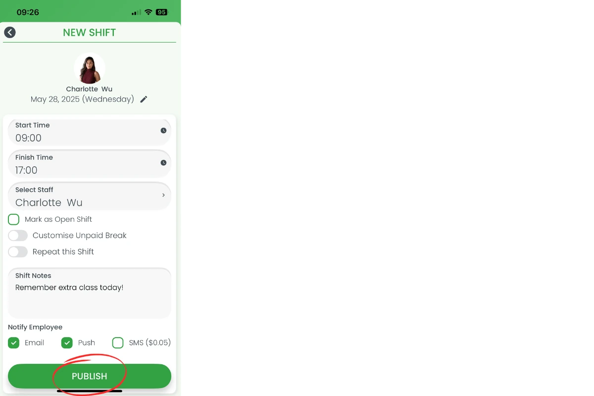 Publish button at bottom of screen