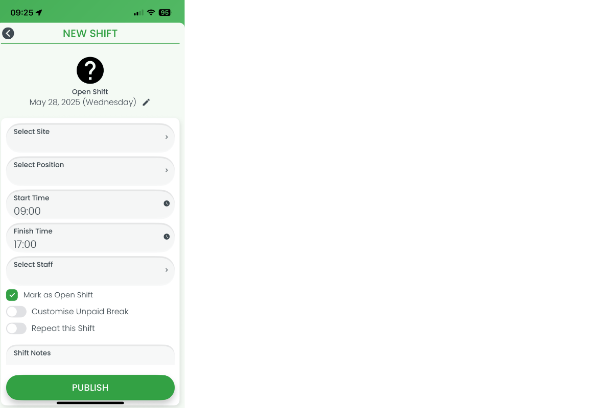 Setting start and finish times for shift