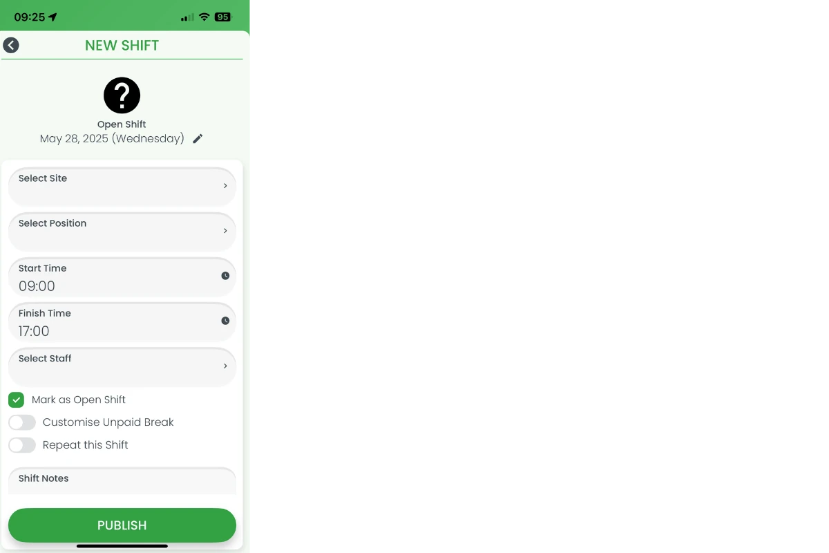 Setting start and finish times for shift