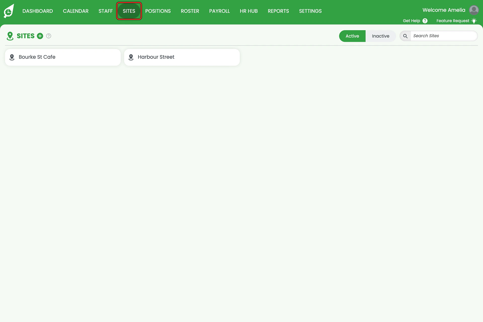 RosterElf top navigation with the Sites tab outlined.