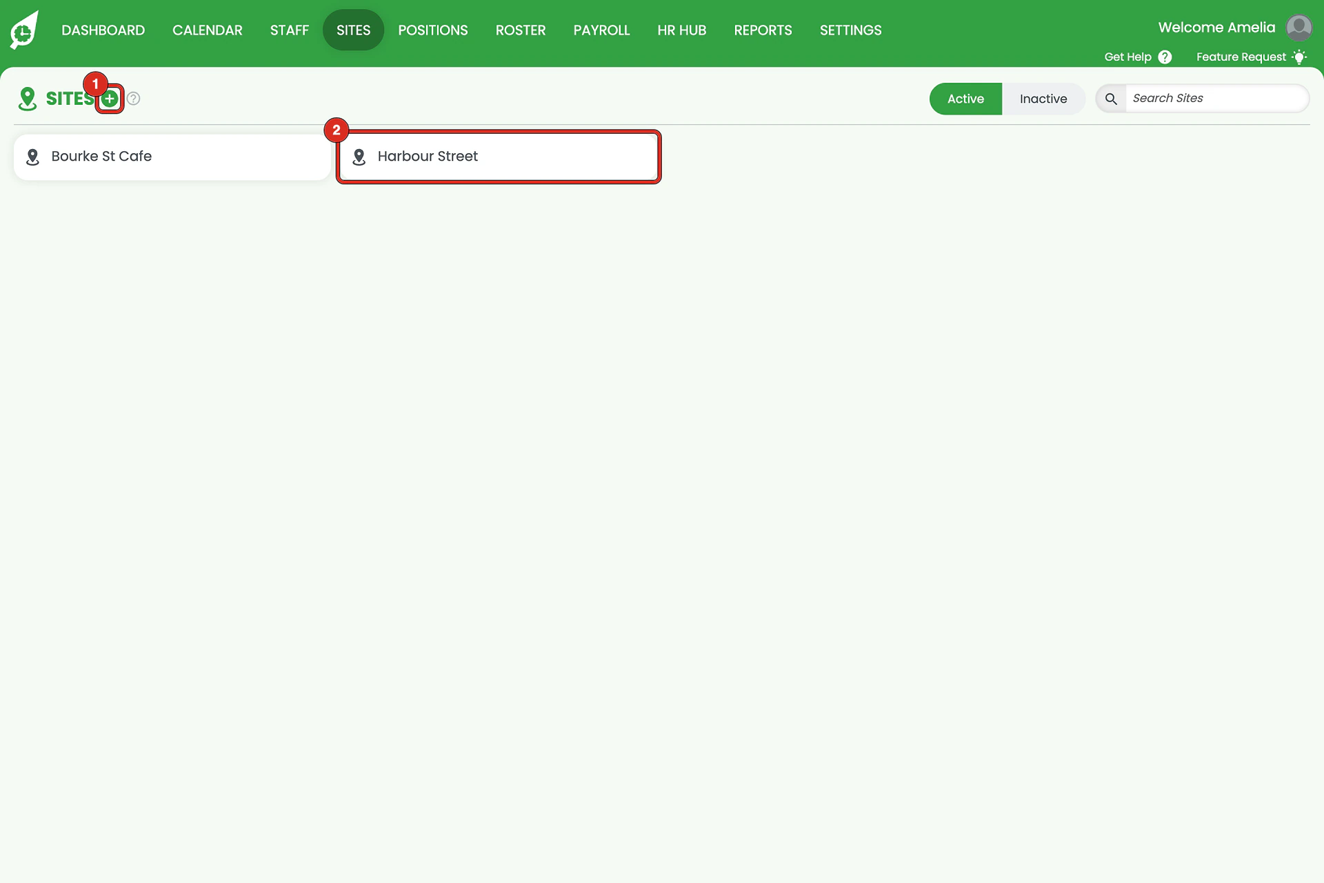 Sites list with the Plus button marked 1 and an existing site marked 2.