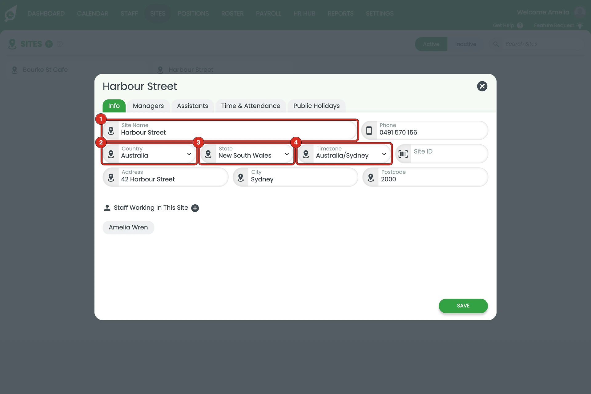 Info tab with the Site Name, Country, State and Timezone fields marked 1 to 4.