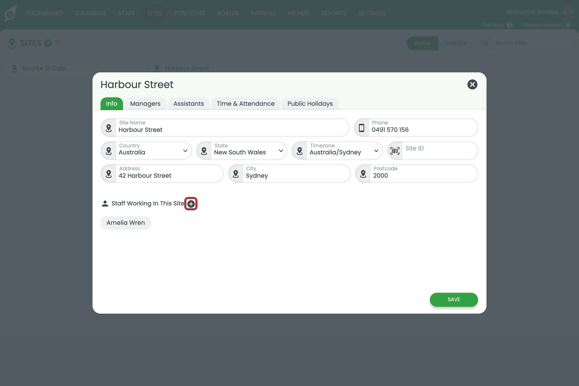 Foot of the Info tab with the plus button beside Staff Working In This Site outlined, and one staff member already listed.