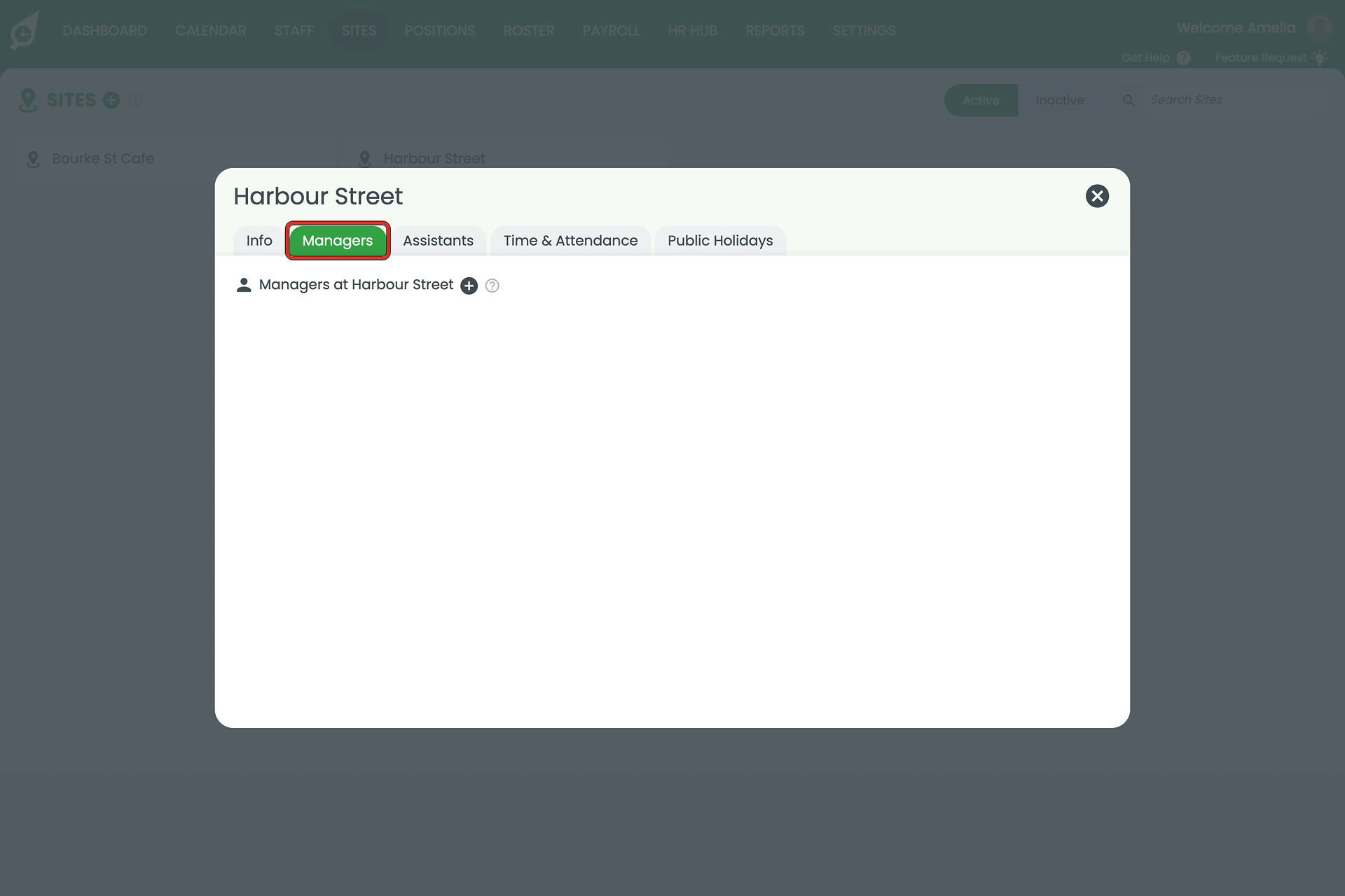 Managers tab outlined, showing an empty managers list with a plus button beside "Managers at Harbour Street".