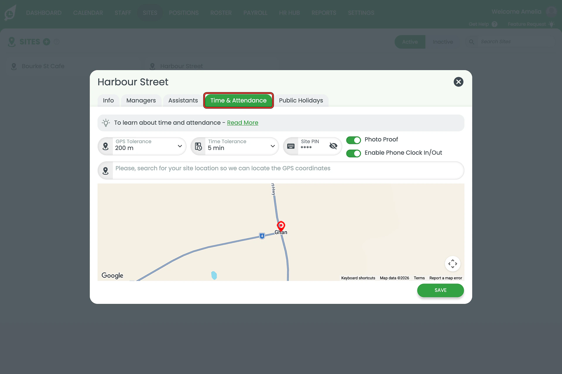 Time & Attendance tab outlined, showing GPS tolerance 200 m, time tolerance 5 min, a site PIN, and Photo Proof and Enable Phone Clock In/Out switched on.