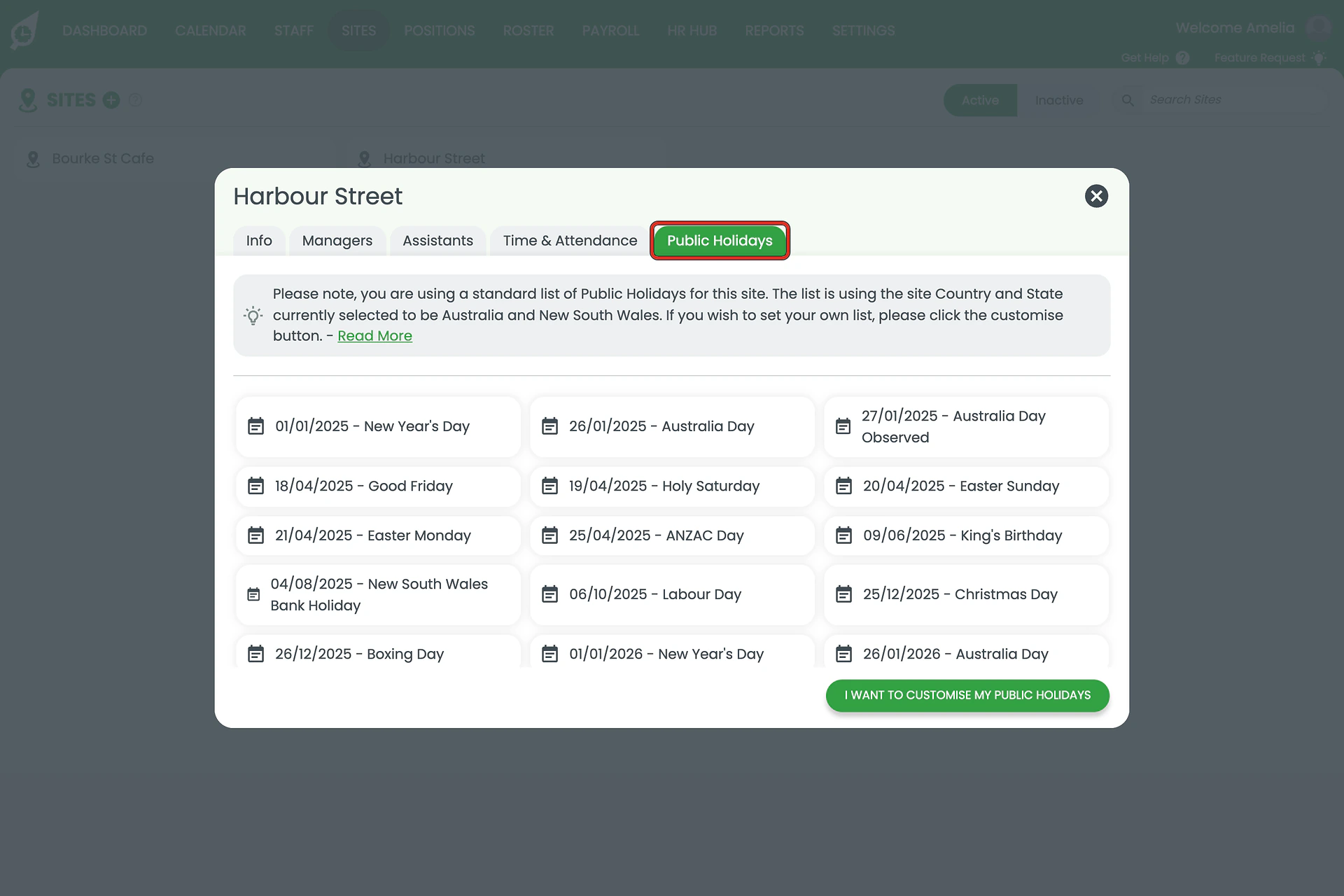Public Holidays tab showing the dated holiday list for the site.