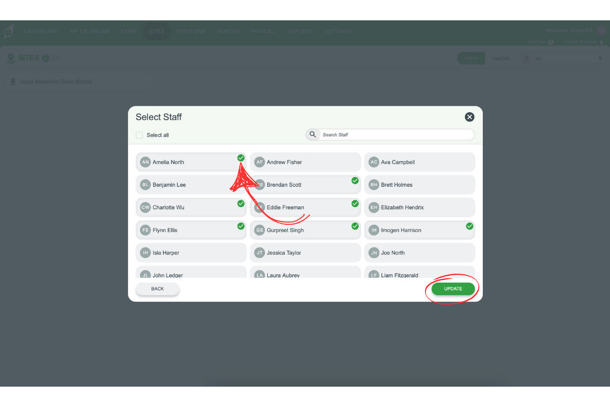 Selecting staff members to associate them with a specific site
