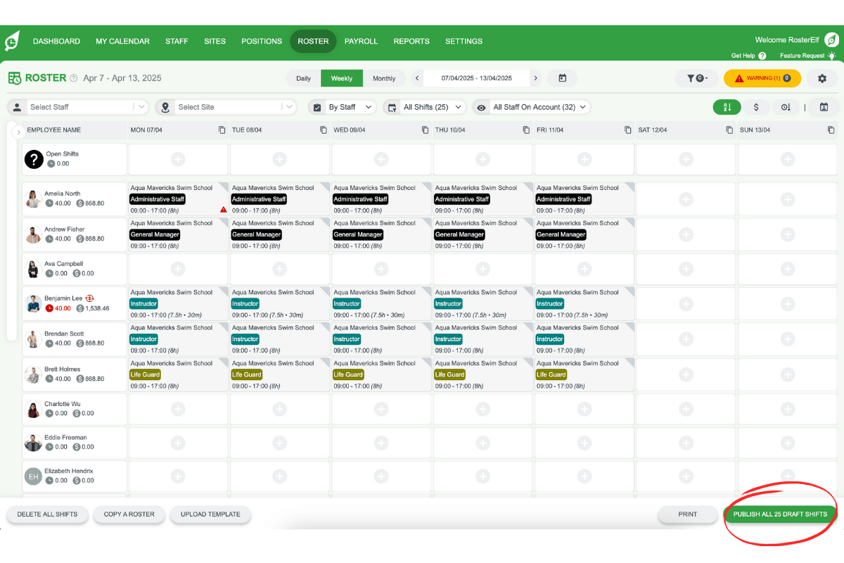 Bulk publishing draft shifts in RosterElf