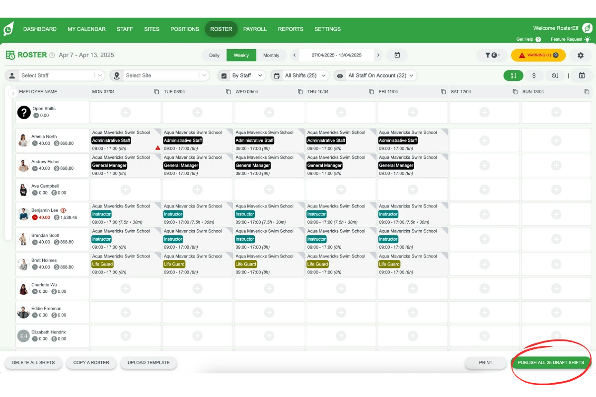 Bulk publishing draft shifts in RosterElf