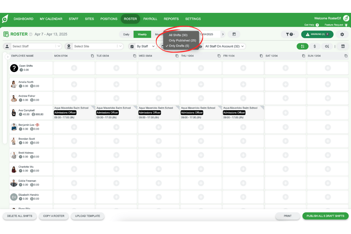 Using shift type filter in RosterElf