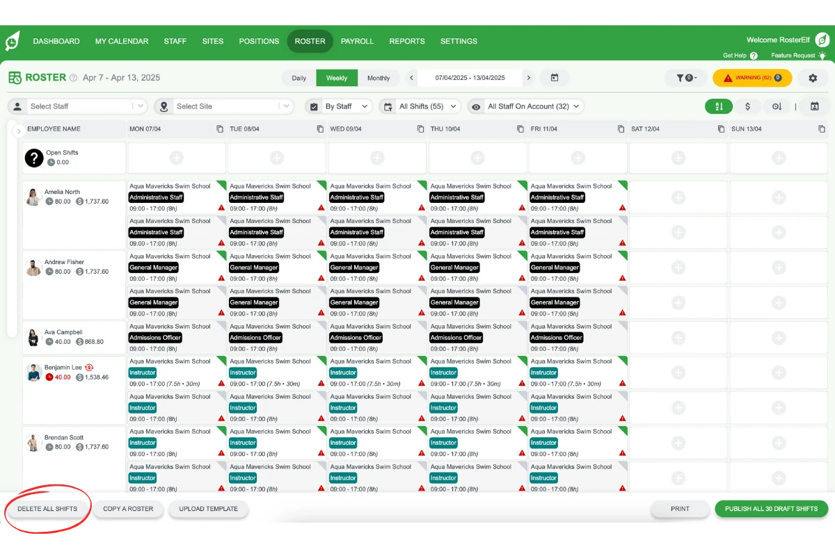 Deleting all published shifts