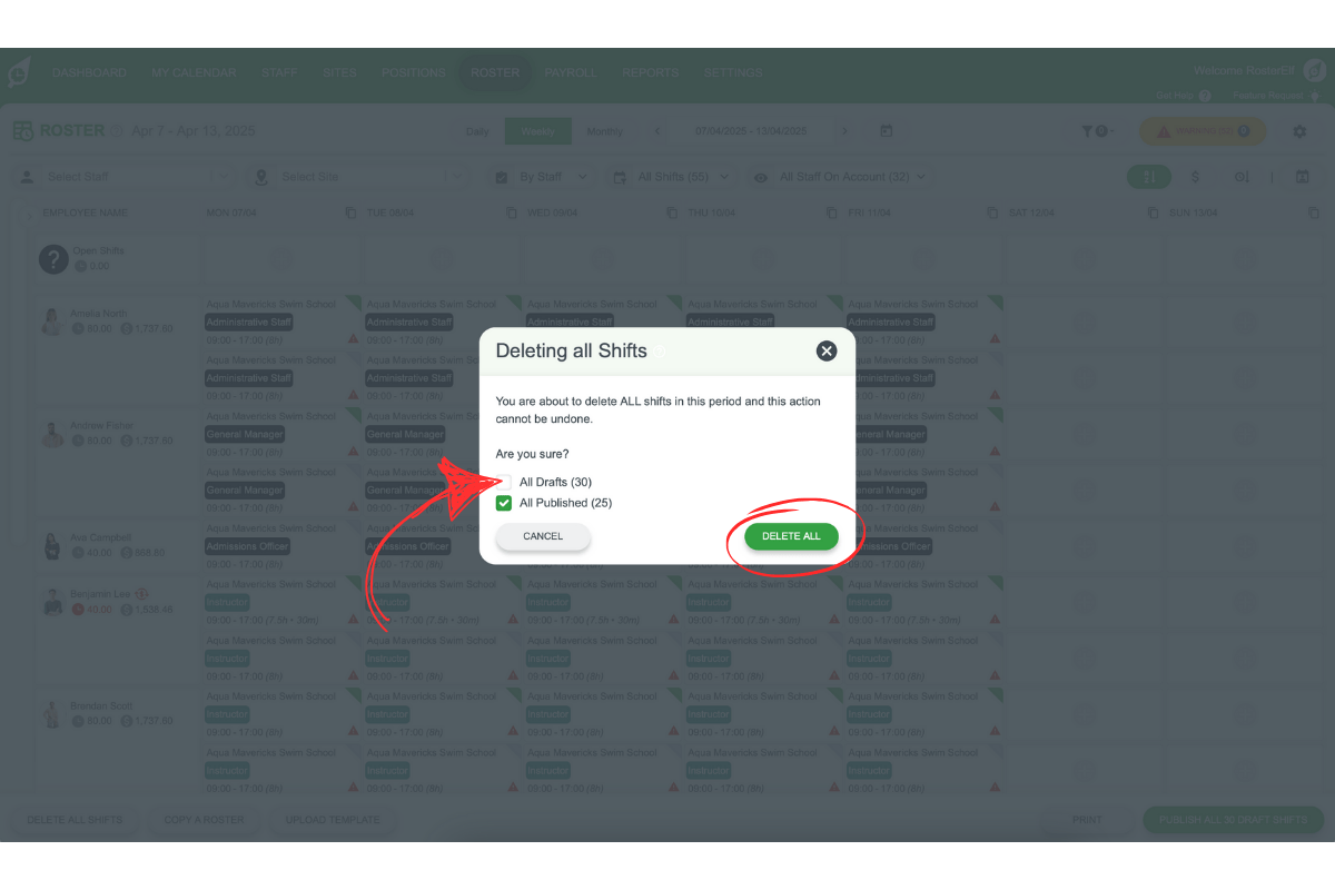 Confirming delete of published shifts while preserving drafts