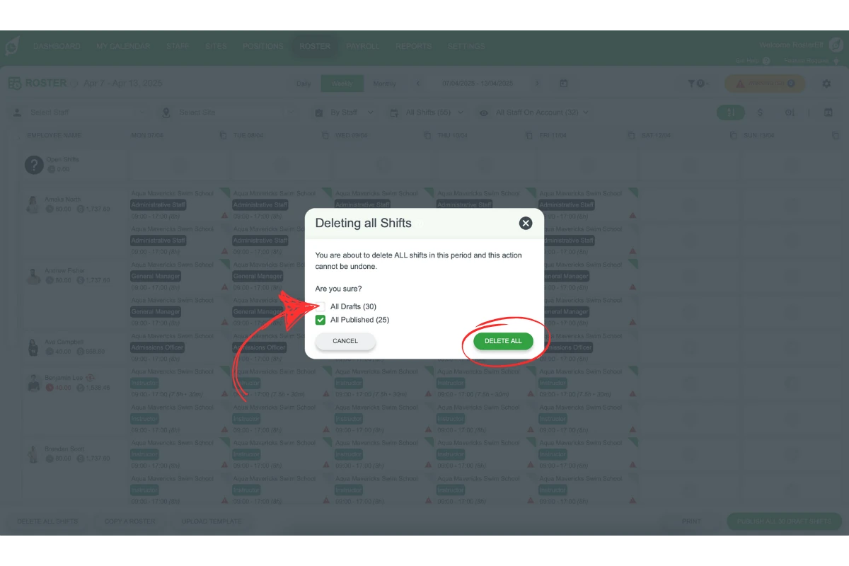 Confirming delete of published shifts while preserving drafts