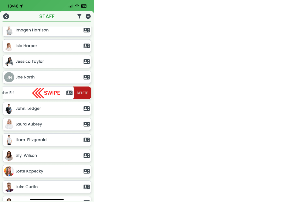 Swipe left gesture revealing delete icon