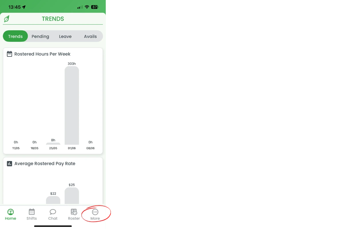 More button in the bottom-right corner of the RosterElf mobile app to start adding staff