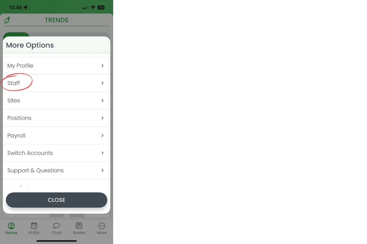 Staff option on the RosterElf More options modal to open the staff list