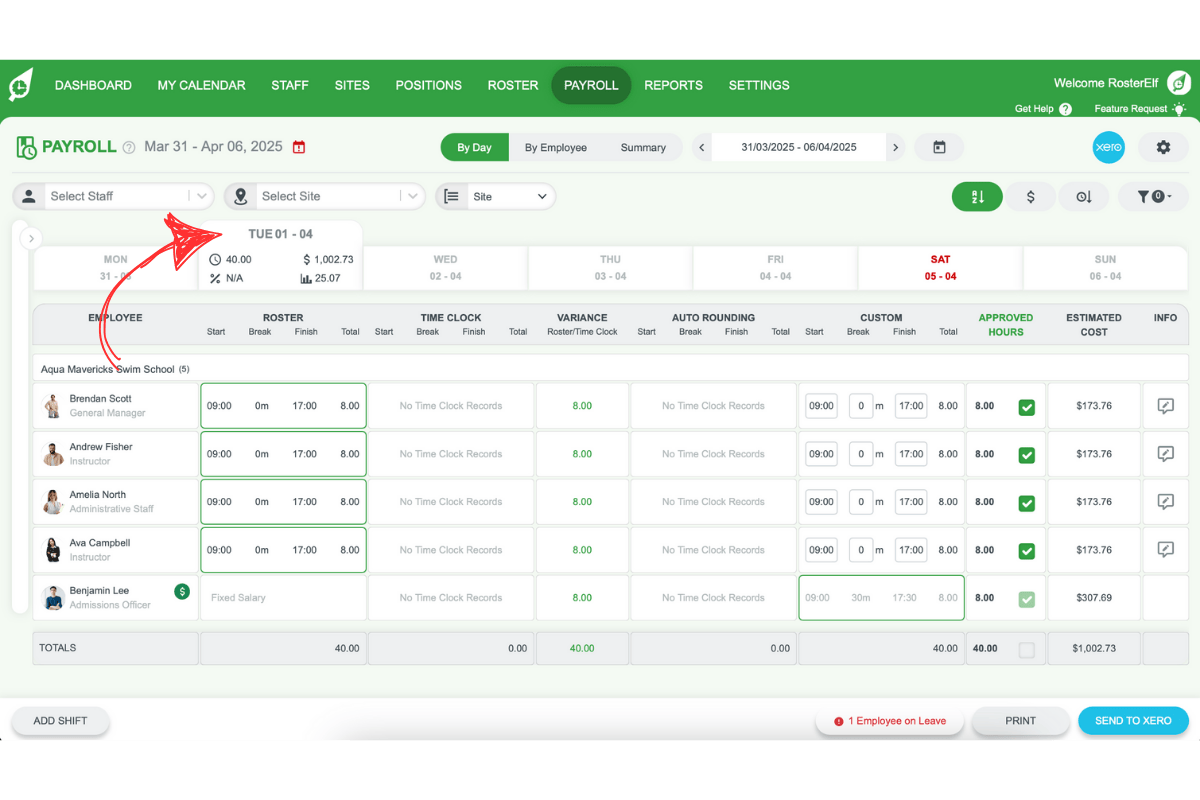 Selecting a date header in RosterElf's payroll screen
