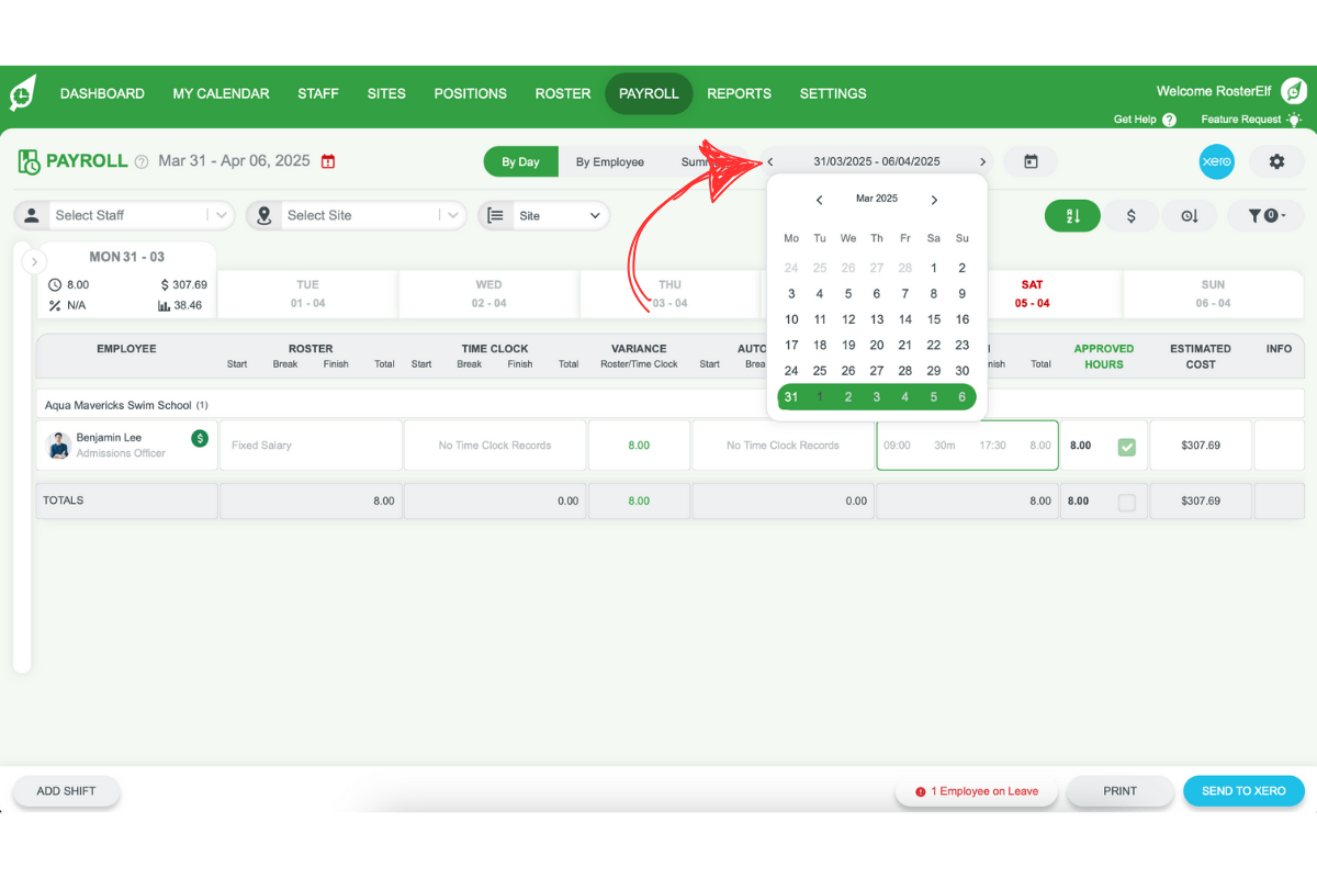 Selecting a payroll week from a dropdown in RosterElf