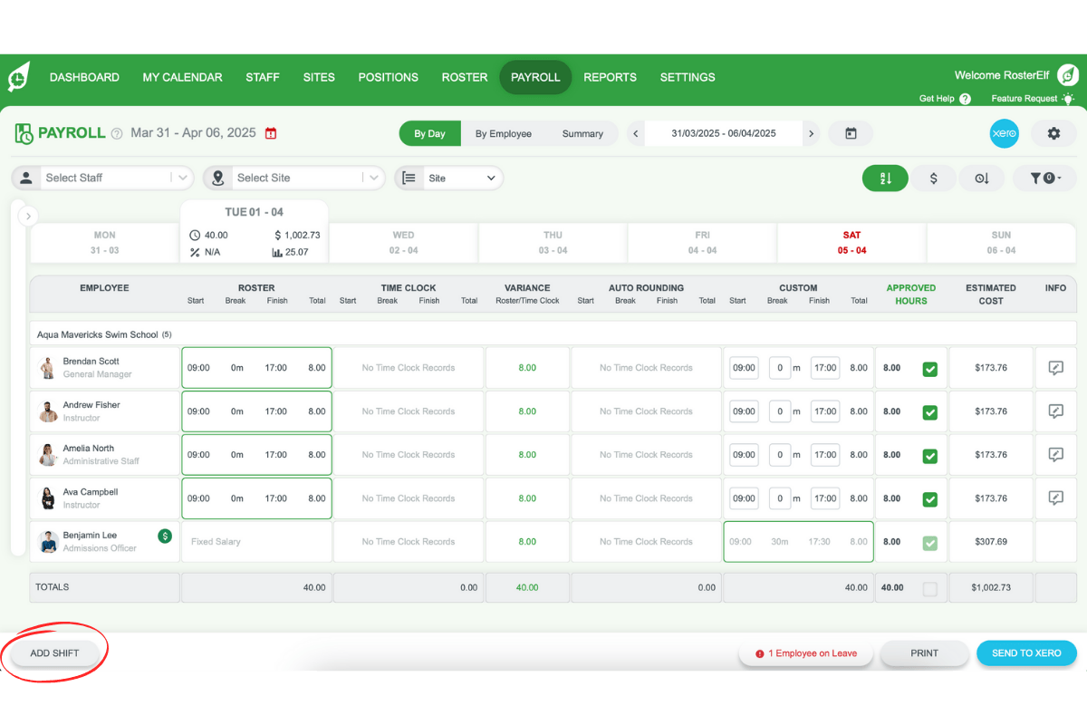 Adding a new shift button in RosterElf's payroll screen