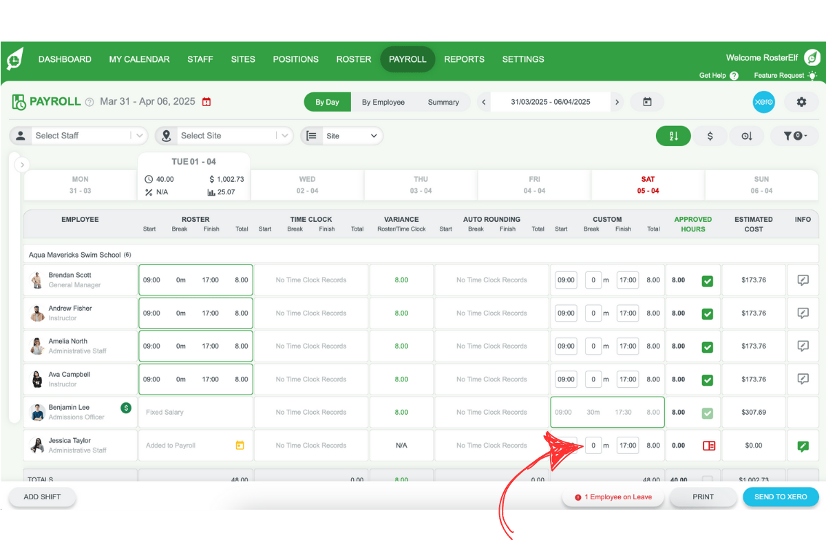Editing a shift in RosterElf to add custom break minutes