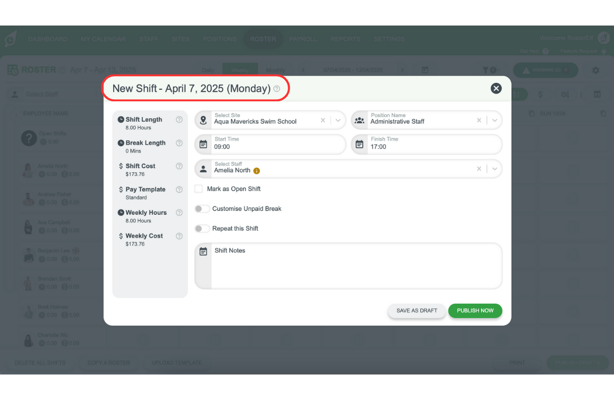 Screenshot of RosterElf shift modal header showing date and day