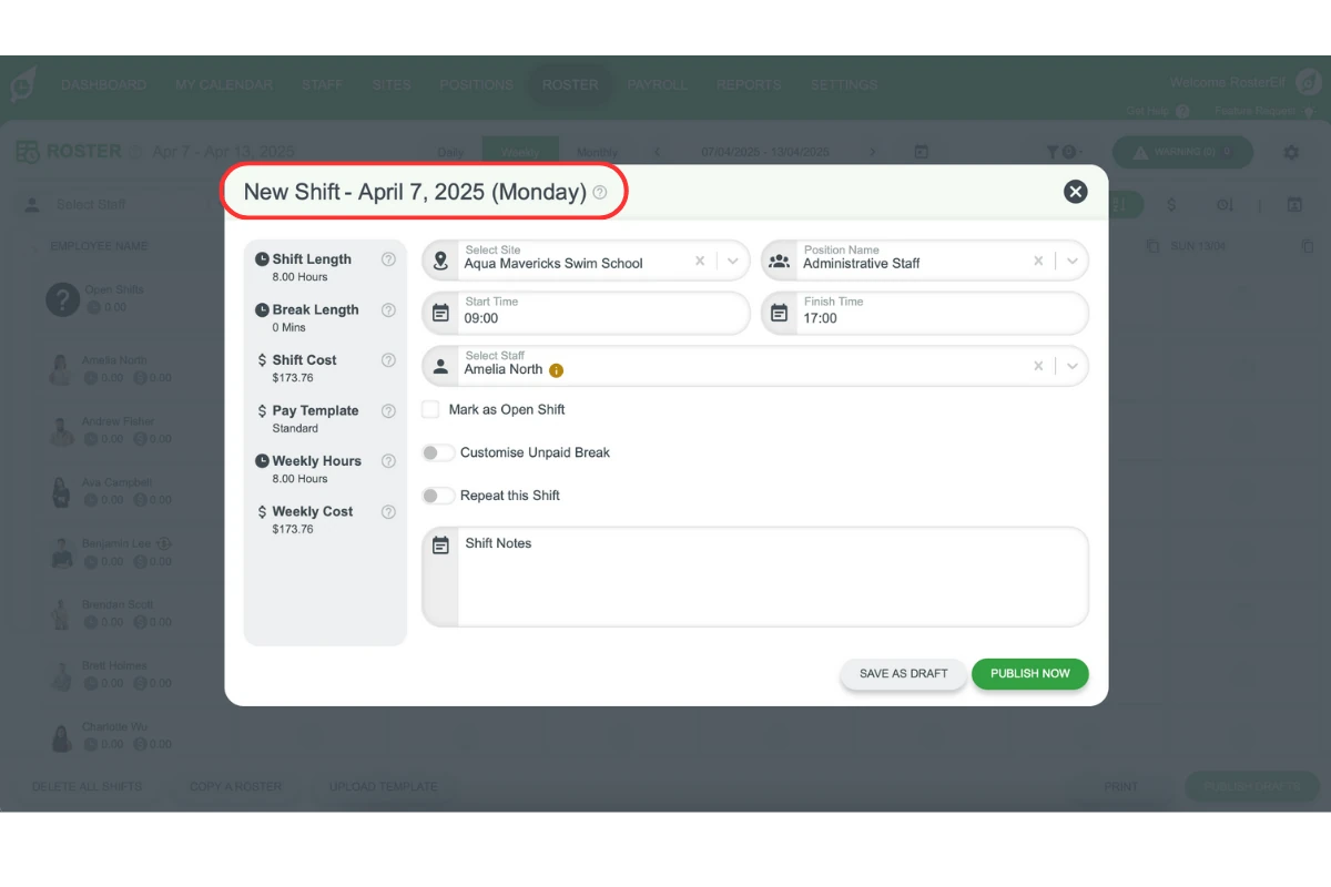 Screenshot of RosterElf shift modal header showing date and day