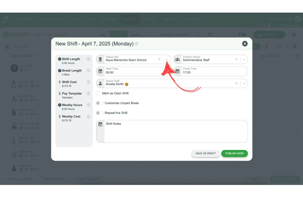 Screenshot illustrating site selection in RosterElf’s shift modal