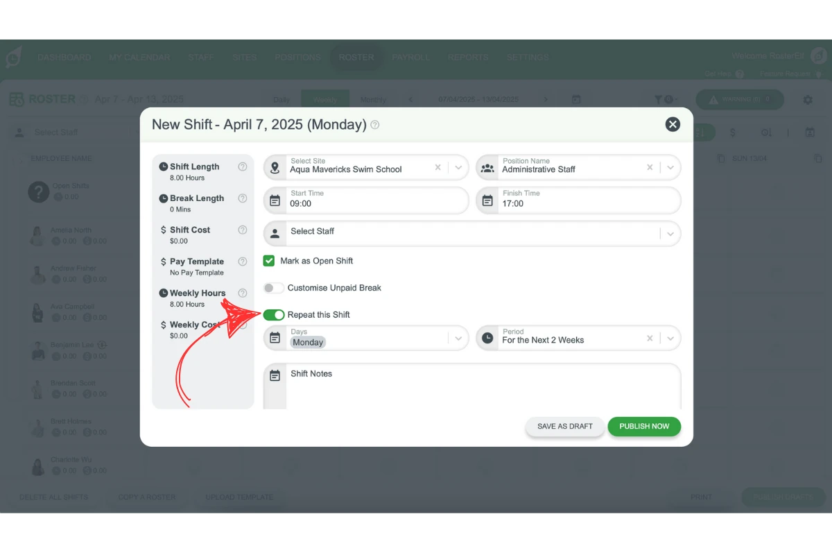 Screenshot showing the repeat shift option in RosterElf
