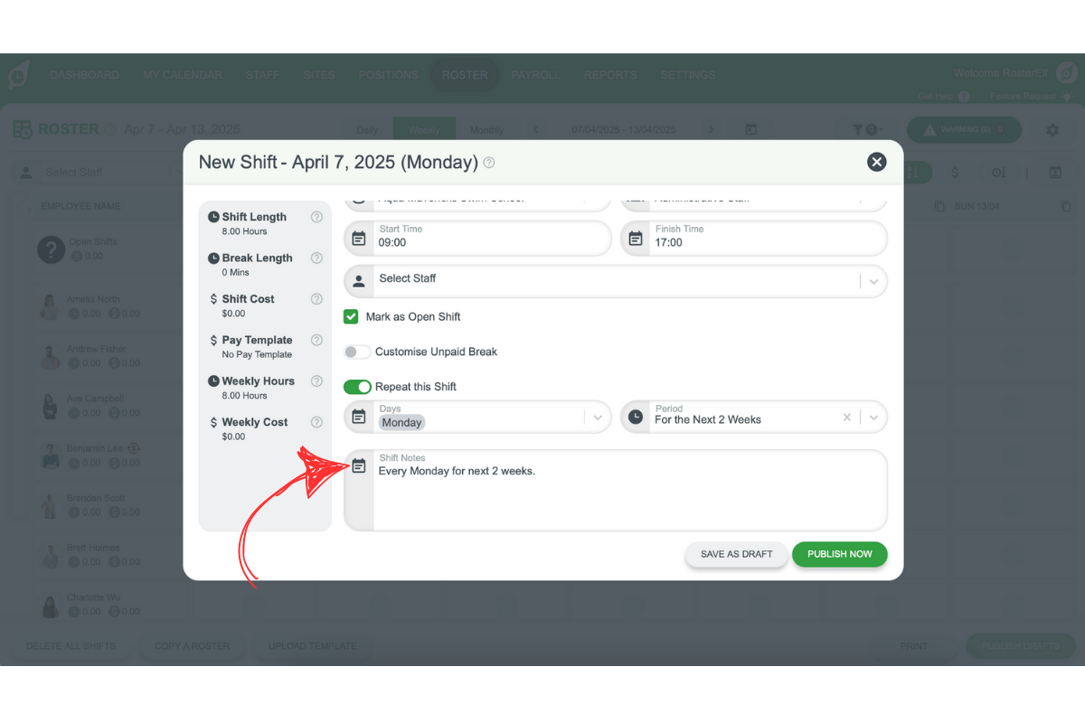 Screenshot of the shift notes field in RosterElf’s shift modal