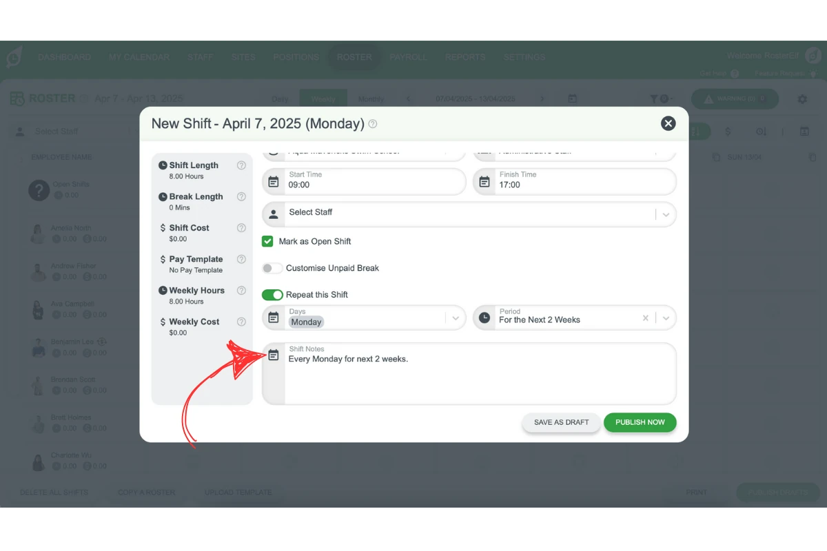 Screenshot of the shift notes field in RosterElf’s shift modal