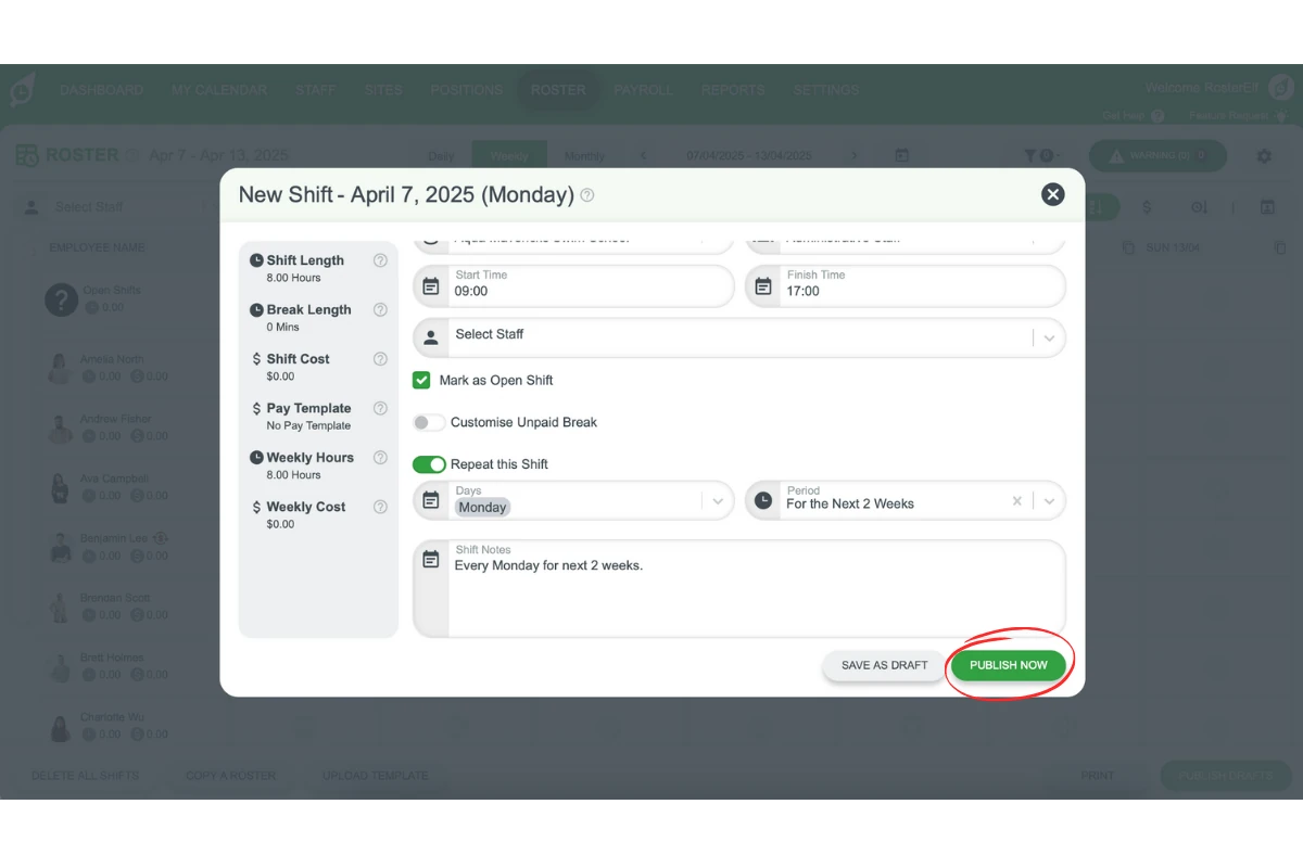Screenshot of the Publish Shift button in RosterElf shift modal