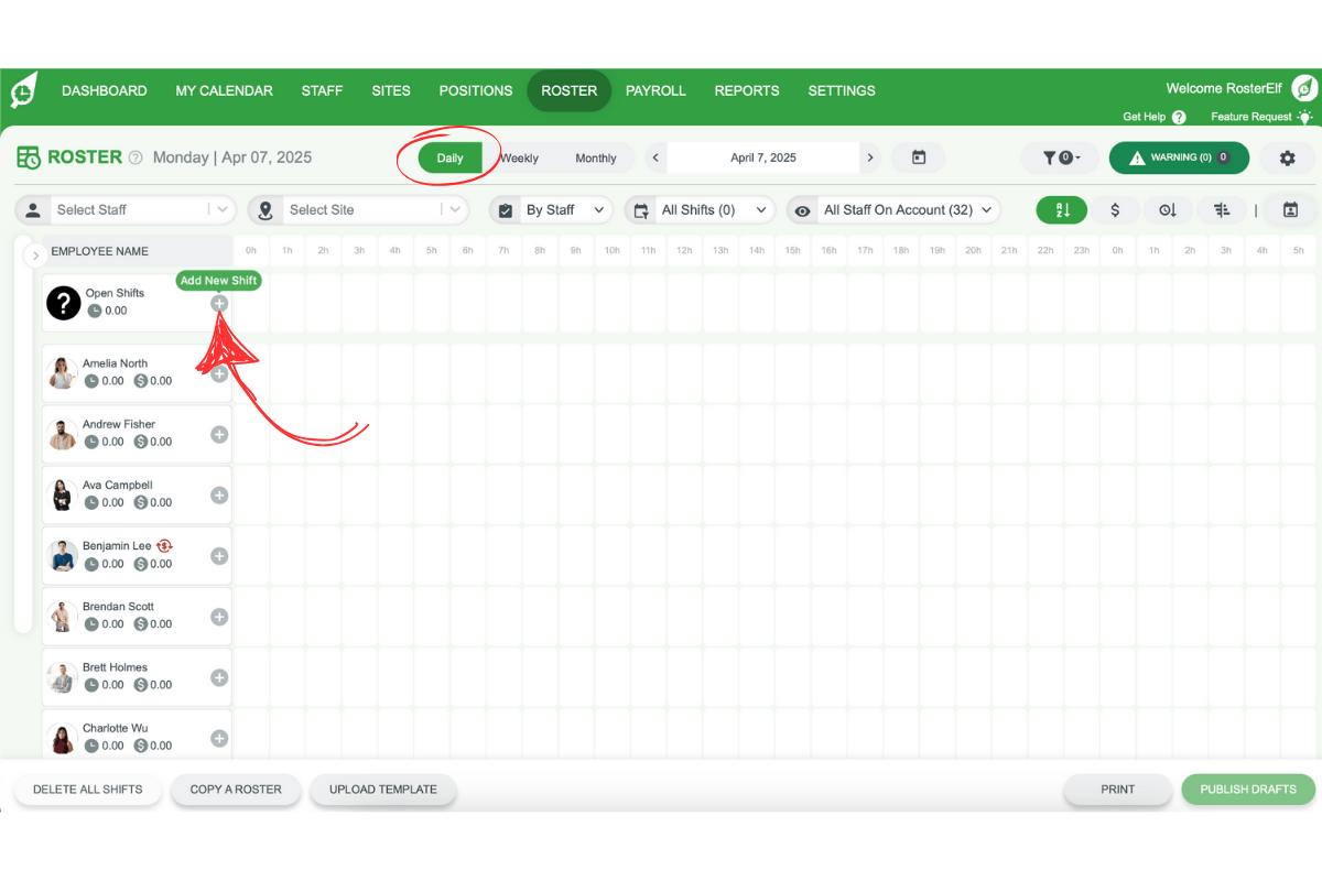 Screenshot of RosterElf daily view with plus icons for each row