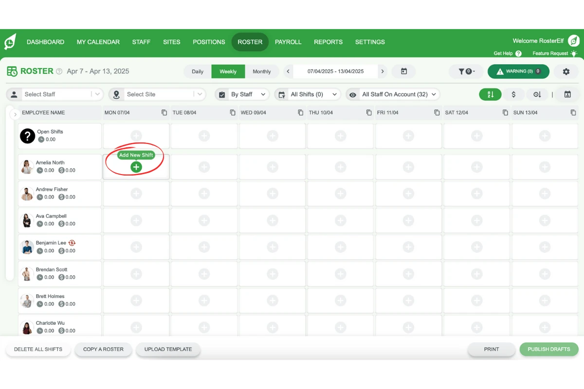 Screenshot of RosterElf weekly or monthly view showing plus icons inside cells